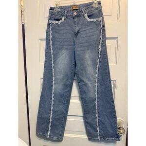 Wave Jeans Size 9 Lace Trim Wide Leg Light Wash Denim Coquette Cottagecore Y2K